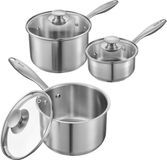 Vevor Set de casseroles (0,95 + 1,89 + 2,84L) avec couvercle en verre, acier inoxydable, argent