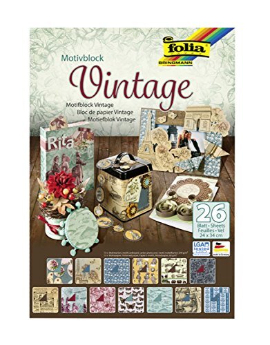 Folia 47549 - Motiefblok Vintage, 24 x 34 cm, 26 vellen gesorteerd, 13 x motiefkarton 270 g/m² en 13 x motiefpapier 80 g/m², voor diverse knutselwerk