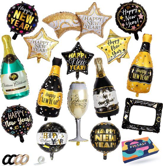Fissaly Happy New Year 2024 Balloon Set - Black & Gold - 15 Pieces