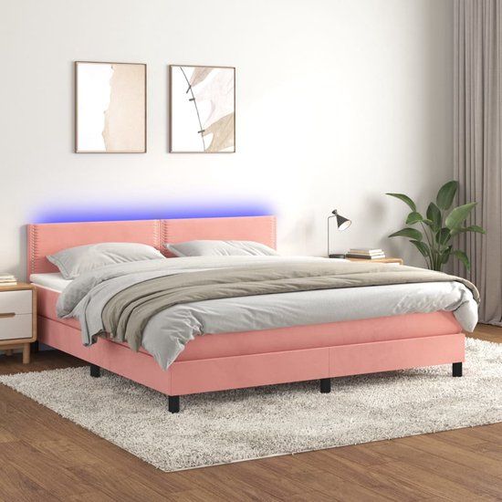 vidaXL Boxspring met matras en LED fluweel roze 180x200 cm