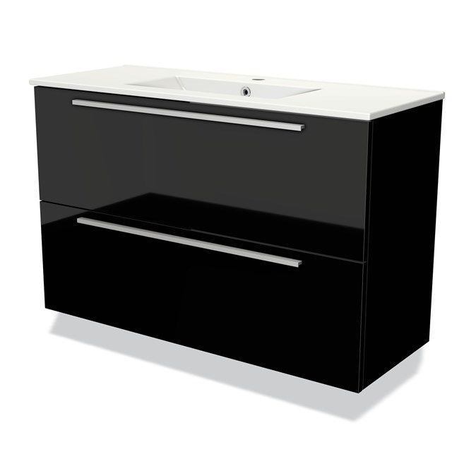 Maxaro Badkamermeubel 100cm Modulo Slim Hoogglans Zwart 2 Lades Vlak Wastafel Keramiek