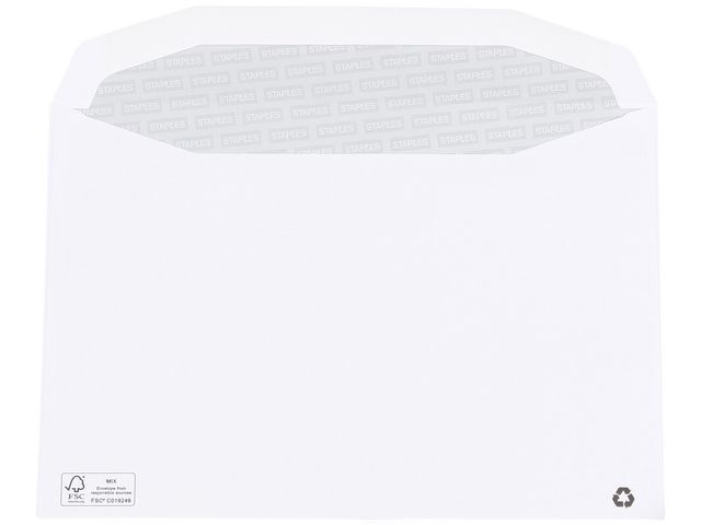 Staples Staples Zakelijke envelop, internationaal C5, 162 x 229 mm, gom, papier, wit