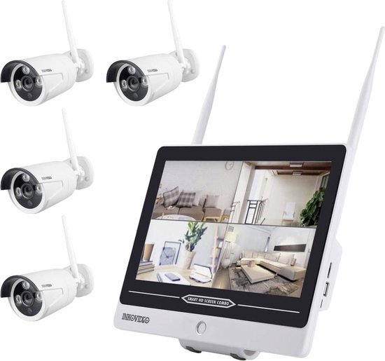 INKOVIDEO Full HD WLAN bewakingsset met geïntegreerde 30,48 cm (12 inch) monitor en 4 bewakingscamera's