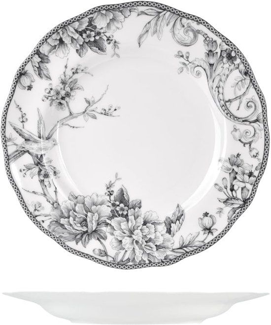 H&H Mayfair Set van 6 platte borden, porselein, grijs en wit, 27,5 cm