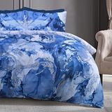 Sleepdown Metallic Marmer Sparkle Glitz Blauw Zilver Omkeerbaar Zacht Gemakkelijk Onderhoud Dekbedovertrek Quilt Beddengoed Set met Kussensloop - Eenpersoons (135 cm x 200 cm)