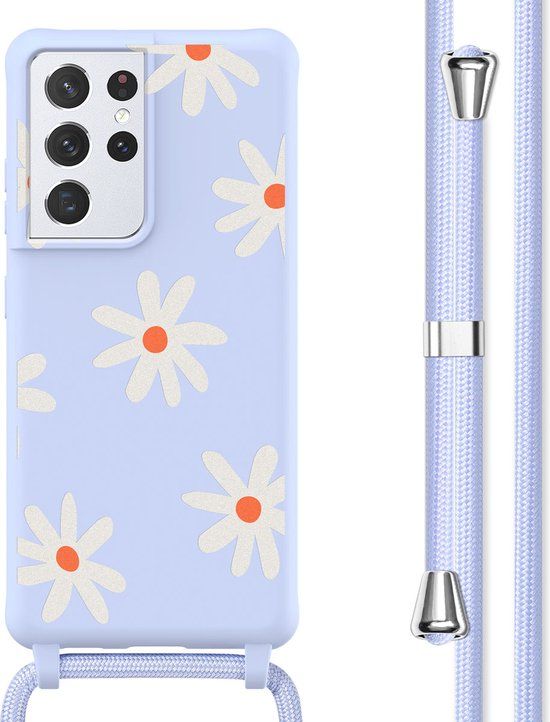 iMoshion Hoesje Samsung Galaxy S21 Ultra - Siliconen Back Cover met Koord - Lila Flower Distance