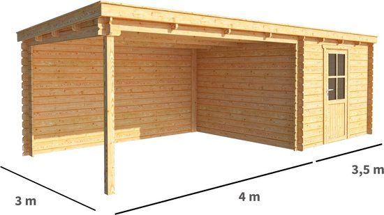 Merkloos Blokhut met overkapping Els 750 cm bij 300 cm diep Lessenaarsdak bruin