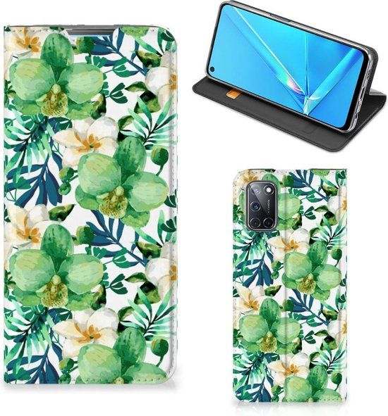 B2Ctelecom GSM Hoesje OPPO A52 / A72 Bookcase Cover Orchidee Groen - Kunstleer - Bloemen