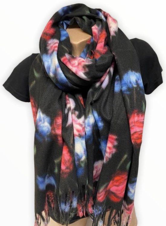 Merkloos Lange Dames Sjaal - Bloemenprint - Zwart - Viscose/Wol - 180 x 70 cm
