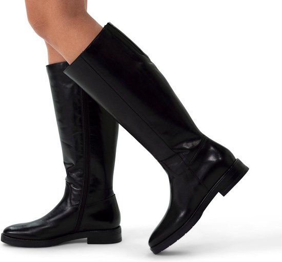 Manfield - Dames - Zwarte leren hoge laarzen - Maat 38