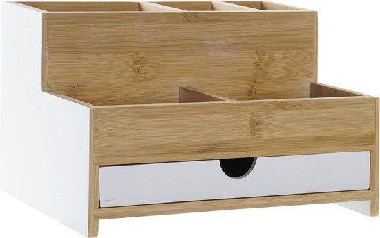 Items pennenbakje/bureau organizer - wit - 24 x 18 x 15 cm - bamboe hout