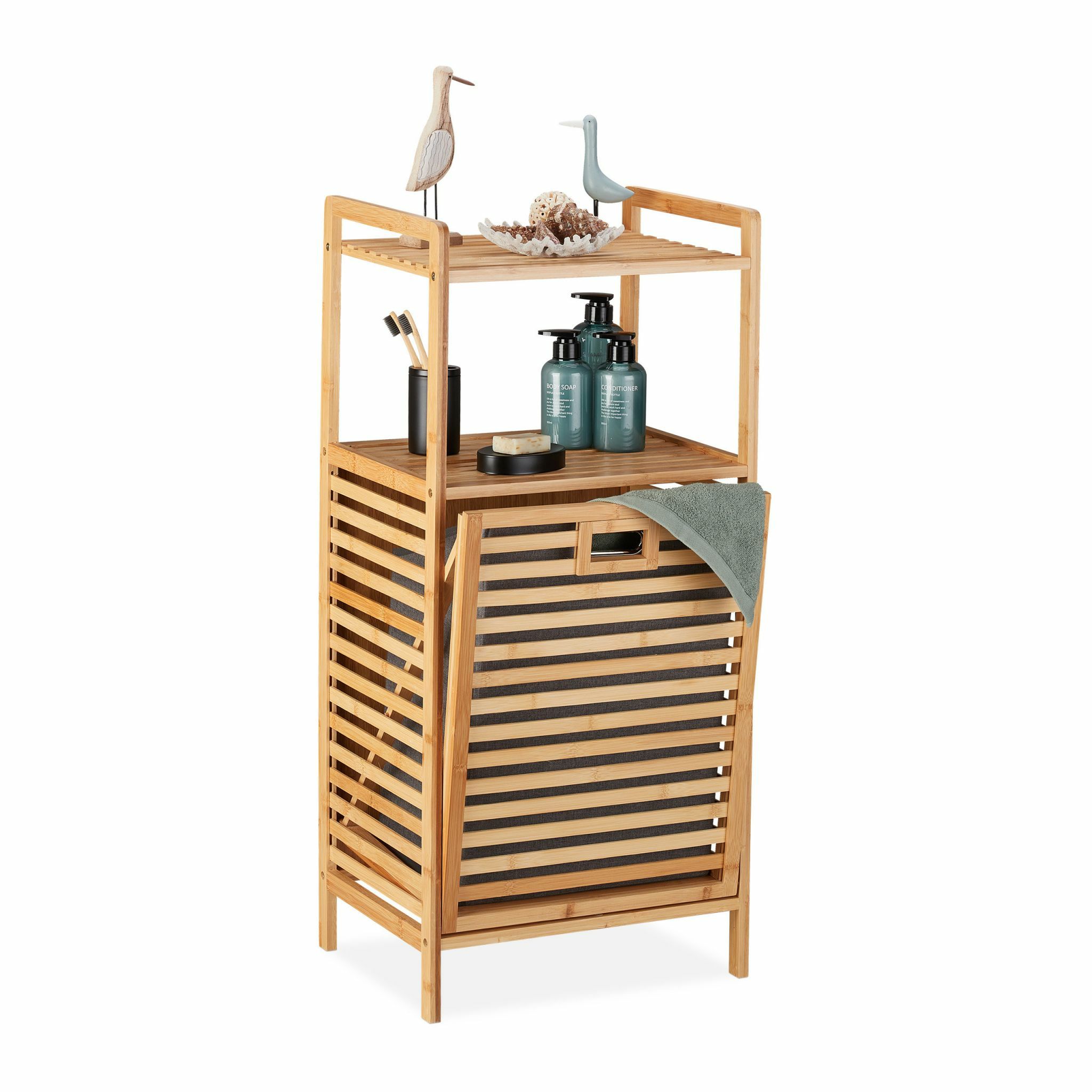 Relaxdays Badkamerrek met Wasmand - Bamboe - 2 Planken - 30L - Lichtbruin
