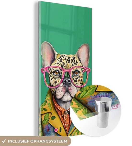 MuchoWow® Glass Painting 40x80 cm - Acrylic Glass Painting - Bulldog - Glasses - Design - Dog - Animals - Photo on Glass - Paintings