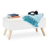 Relaxdays zitbank met opbergruimte, met kussen, houten poten, opbergbank, HxBxD: 39,5 x 79,5 x 39,5 cm, wit
