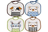 Ti TIN Set van 4 waterdichte bedrukte slabbetjes, 23 x 28 cm, 73% katoen, 27% polyester, babyslabbetjes van 6 tot 12 maanden, gesp, sluitband, vinylvoering, dieren, meerkleurig, 140 g/m²