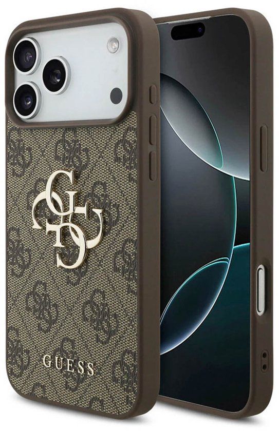 Guess Back Cover - Geschikt voor iPhone 17 Pro - Bruin - Big Metal Logo - Valbescherming