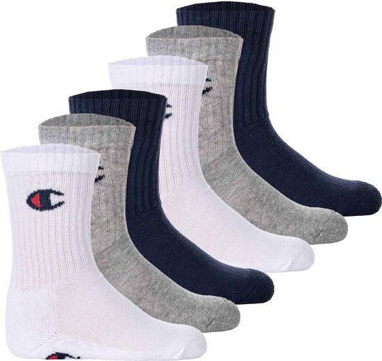 Champion Core Junior 6pp Crew Sokken - Marineblauw/Wit/Grijs - Maat 27-30 - 6 paar