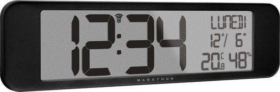 Marathon Marathon- Vancouver- Radiogestuurde klok- Ultrawide scherm met grote cijfers duidelijk leesbaar- Radiogestuurde klok en kalender- Binnentemperatuur-en vochtigheidsgraadweergave- Zwart- Proudly Canadian