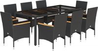 vidaXL 9-delige tuinset met kussens, zwart, van polyrotan en glas