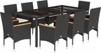 vidaXL 9-delige tuinset met kussens, zwart, van polyrotan en glas