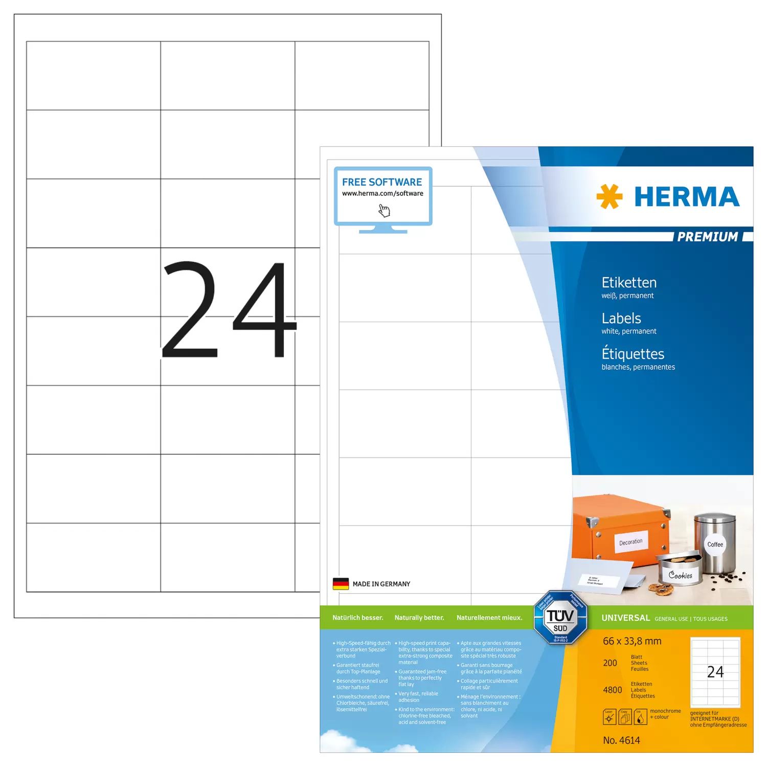 HERMA 4614 - A4 Zelfklevende Etiketten - 66x33.8mm - 4800 stuks