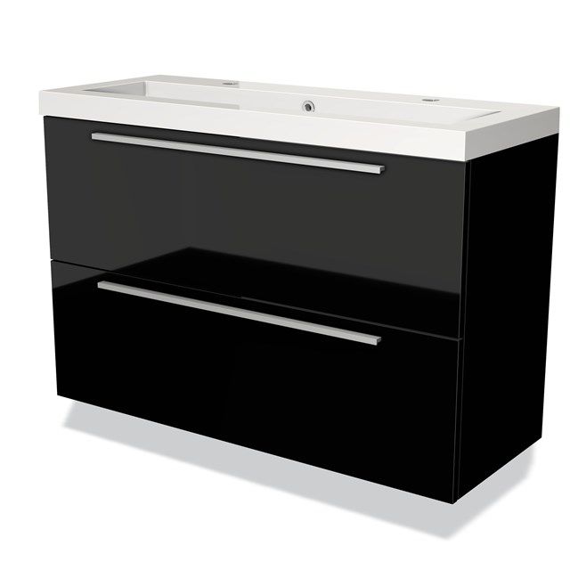 Maxaro Modulo Slim Badkamermeubel - 100cm - Hoogglans Zwart - 2 Lades - Vlak Wastafel - Mineraalmarmer