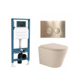 QeramiQ Dely Toiletset - inbouwreservoir Qeramiq Flush - 35mm zitting - metaal messing geborstelde bedieningsplaat - ronde knoppen - beige