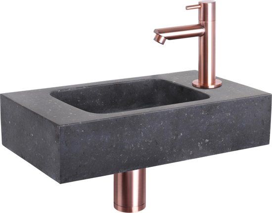 Differnz Fonteinset - Wasbak Natuursteen Bombai Black - Antraciet - Rechte Kraan - Rood Koper - 40x22x9cm