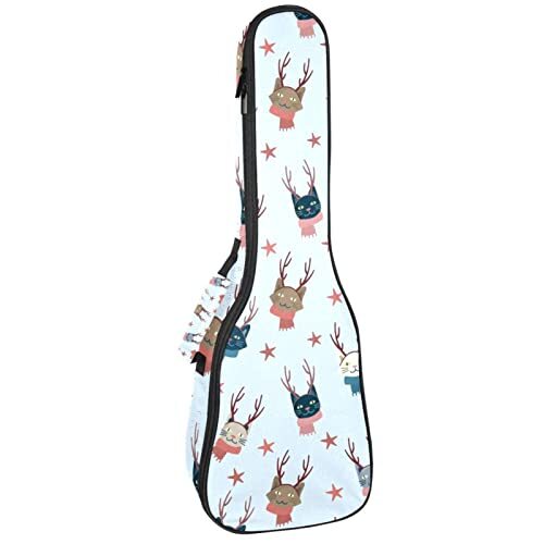 Mersov Concert Ukelele Rugzak, Heavy Duty Ukelele Case Bag met Opslag, Sopraan Concert Tenor Ukelele 10MM Gewatteerde BagBlack SchapenKerst Katten Patroon met Gewei