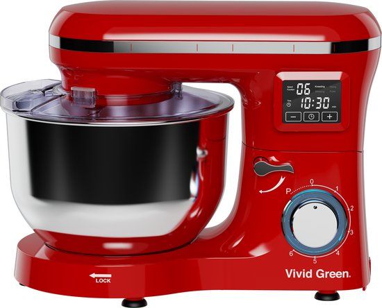 Vivid Green Keukenmachine met Display - 2000W - Keukenrobot - Keukenmixer - Mixer met Mengkom - 6.2L - Rood