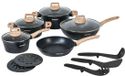Herzberg Batterie de cuisine 15 pièces avec revêtement en granit et manche en bois Noir