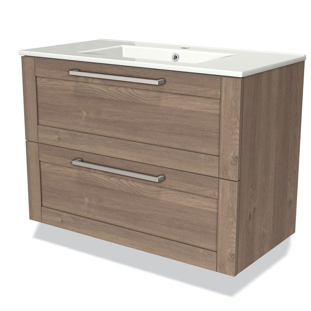 Maxaro Badkamermeubel 90cm Modulo Middenbruin Eiken 2 Lades Lamel Wastafel Keramiek