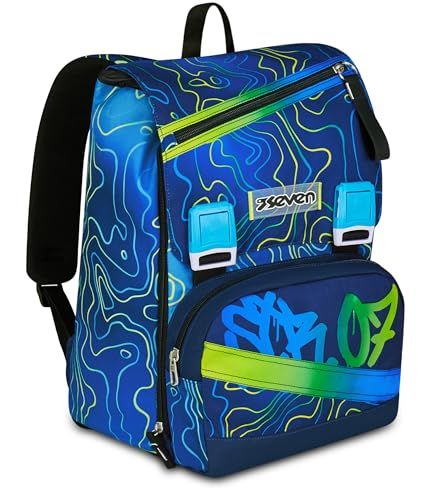 Seven Rugzak met twee uittrekbare vakken, blauw, grote capaciteit, voorgevormde rugleuning, kinderen en jongens, school, Blauw, Eén maat, modern