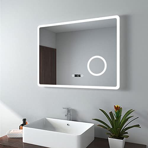 EMKE Led-badkamerspiegel, 80 x 60 cm, badkamerspiegel met verlichting, lichtspiegel, wandspiegel met aanraakschakelaar, anti-beslag, klok, 3-voudige vergroting