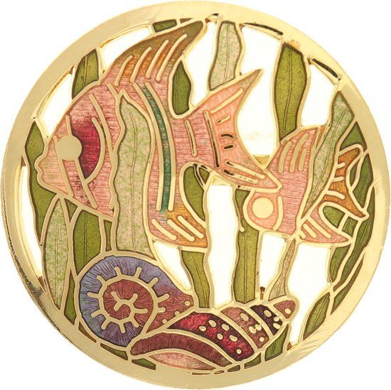 Behave® Broche Rond Met Vissen En Schelpen Groen Emaille - Vrouwen - 4 cm