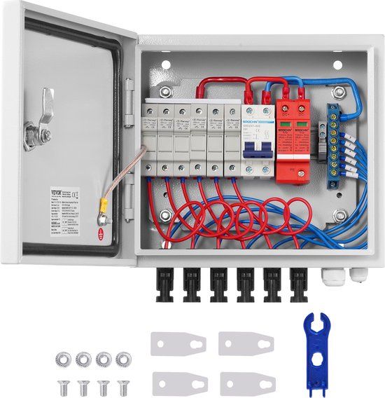 VEVOR PV-combinatiebox, 6-strengs, zonne-combinatiebox met 15 A nominale stroomzekering, 125 A stroomschakelaar, bliksemafleider en zonne-aansluiting, stalen behuizing voor on/off-grid