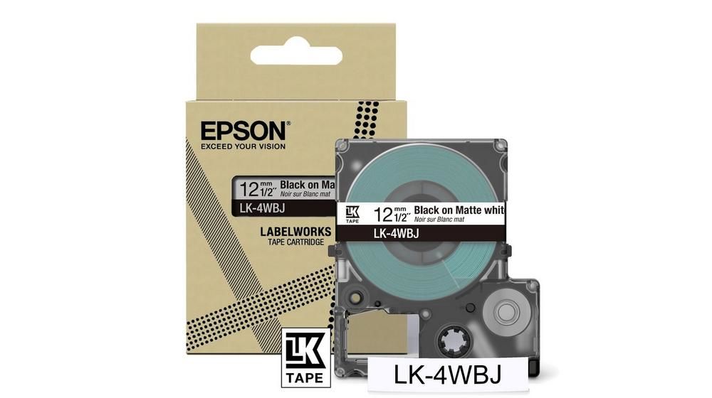Epson LK-4WBJ Label Tape - Black/White - 12mm - Matte - Compatible with LW-C410
