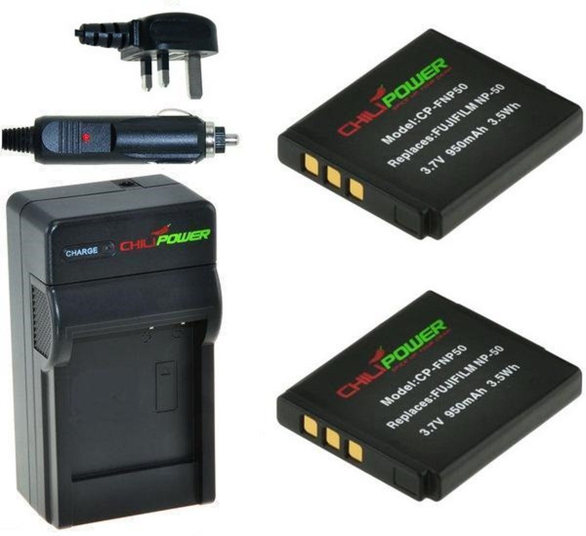 ChiliPower 2 x NP-50 accu's voor Fujifilm - Charger Kit + car-charger - UK version