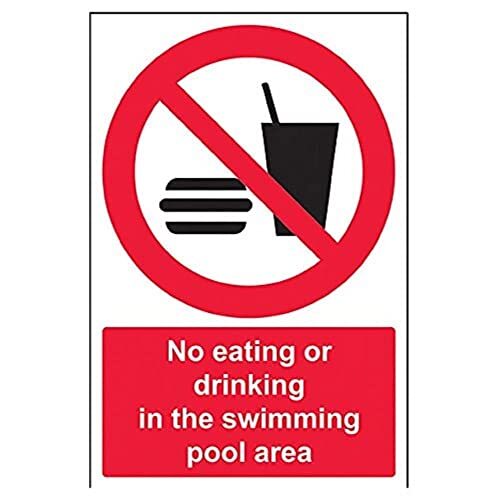 V Safety VSafety 58007AU-S "Geen eten of drinken in het zwembad" verbod waterbord, zelfklevend, portret, 200 mm x 300 mm, zwart/rood