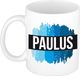 Bellatio Decorations Paulus naam cadeau koffie mok - beker - met blauw verfstrepen - Cadeau collega - vaderdag - verjaardag - meester - coach - 300 ml - wit