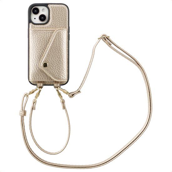 Selencia Sera Telefoonhoes met Koord en Envelop Pashouder voor de Apple iPhone 15 - Champagne