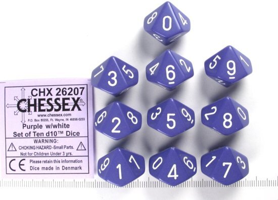 Chessex dobbelstenen set 10 10-zijdig Opaque Purple w/white