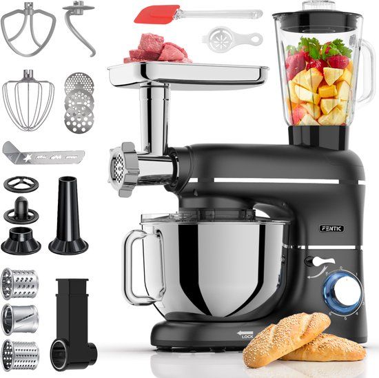 Fentic Keukenmachine - 2000W - Keukenrobot - Foodprocessor - 6,2L Mengkom - Incl. Vleesmolen, Blender en extra Accessoires - Zwart