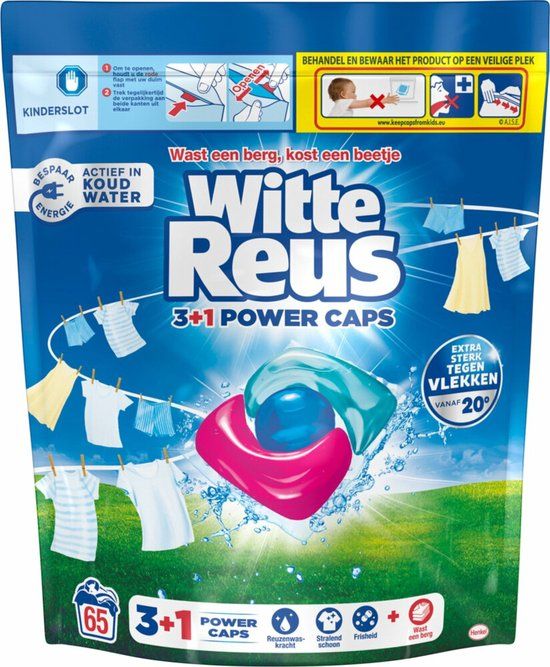 Witte Reus Wasmiddelcapsules 3+1 Power Caps Wit en lichtgekleurd - 4 x 65 beurten - Voordeelverpakking
