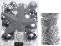 Decoris Kaemingk B.V. Kerstversiering kunststof kerstballen 5-6-8 cm met ster piek en folieslingers pakket zilver van 35x stuks - Kerstboomversiering