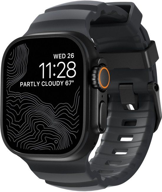Nomad Rocky Point Horlogeband / Zwarte Hardware 45/46/49mm – 100% Waterdicht – Ventilatiegroeven voor Ademend Vermogen – Compatibel met Apple Watch Ultra & Ultra 2 en 10 t/m SE - Grijs