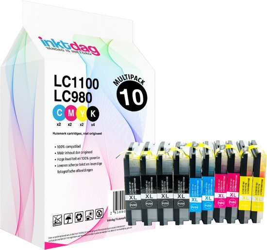 inktdag Huismerk Brother LC1100 / LC980 Inktcartridge BK C M Y Compatible Multipack van 10 Stuks 4 LC1100BK / LC980BK zwart 2 LC1100C / LC980C cyaan 2 LC1100M / LC980M magenta 2 LC1100Y / LC980Y geel