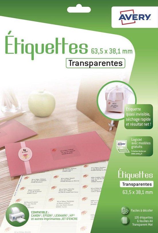 Avery J8560CL, Transparant, Zelfklevend printerlabel, A4, Polyester, Inkjet, Permanent