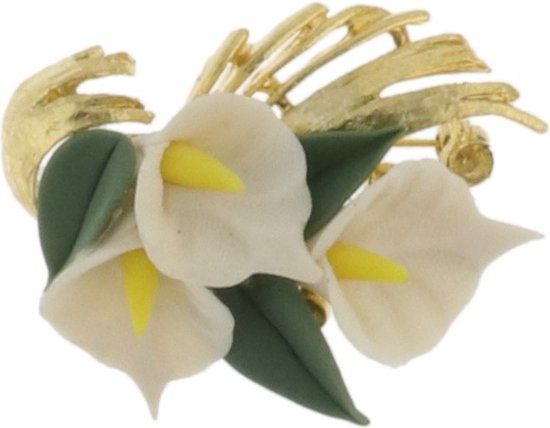 Behave Broche Lelies Wit Groen Goudkleurig 5.5 cm - Vrouwen - Metaal - Bloemen broche