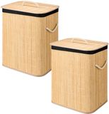 Kipit Wasmand van bamboe - 2x - zwart / bruin - 60 liter - 40 x 30 x 50 cm - met deksel - met binnendoek